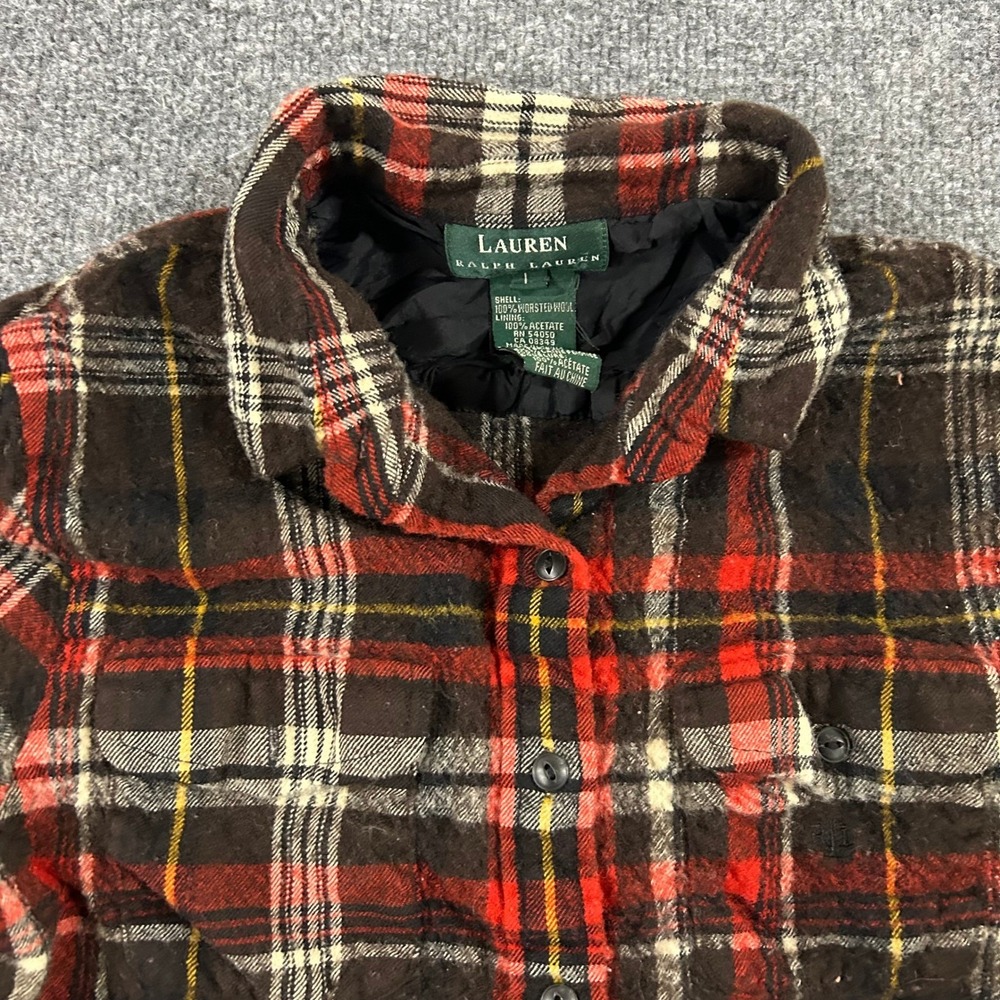 Lauren Ralph Lauren Shirt Womens L Brown Red Plaid Worsted Wool Quilted Lined